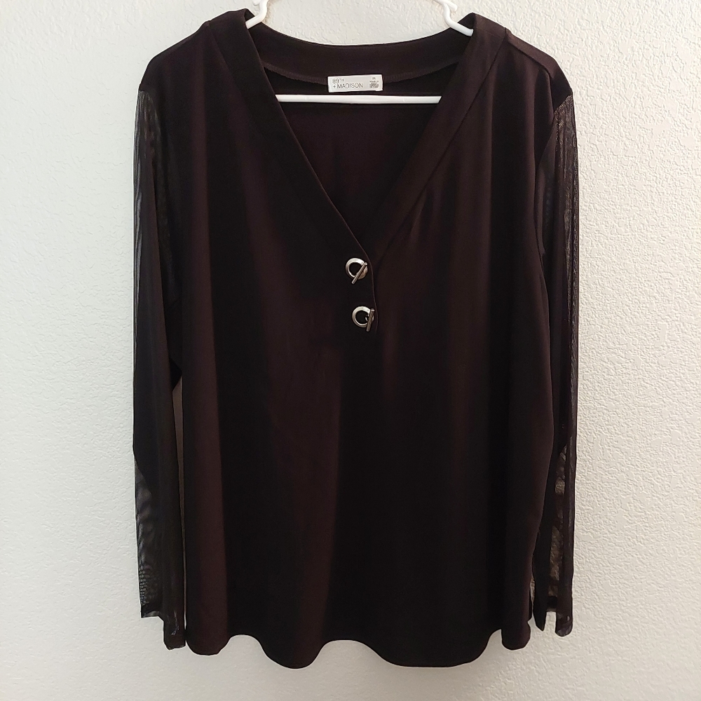 89th + Madison, Long sheer sleeved, Black Blouse, 2X